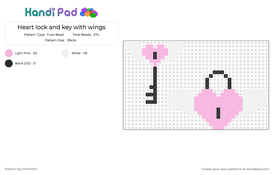 Heart lock and key with wings - Fuse Bead Pattern by hnnhhhh on Kandi Pad - pink,white