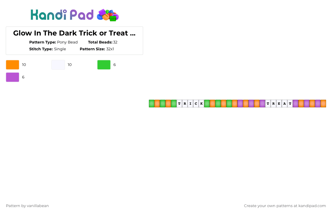 Glow In The Dark Trick or Treat Single - Pony Bead Pattern by radioactive_unicorn on Kandi Pad - orange,halloween,trick or treat,glow in the dark,purple,green,spooky,cute