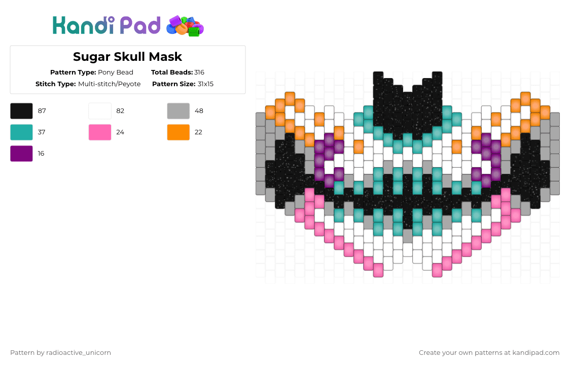 Sugar Skull Mask - Pony Bead Pattern by radioactive_unicorn on Kandi Pad - teal,beige,pink,mask,sugar skull,skull,day of the dead,dia de los muertos,glow in the dark,sparkle