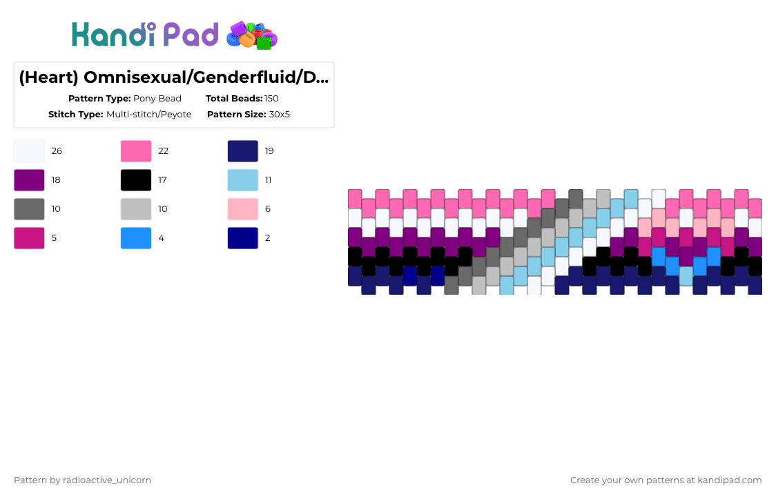 (Heart) Omnisexual/Genderfluid/Demiboy Pride Cuff - Pony Bead Pattern by radioactive_unicorn on Kandi Pad - pink,purple,lgbt,pride,omnisexual,omniromantic,genderfluid,demiboy,demigender