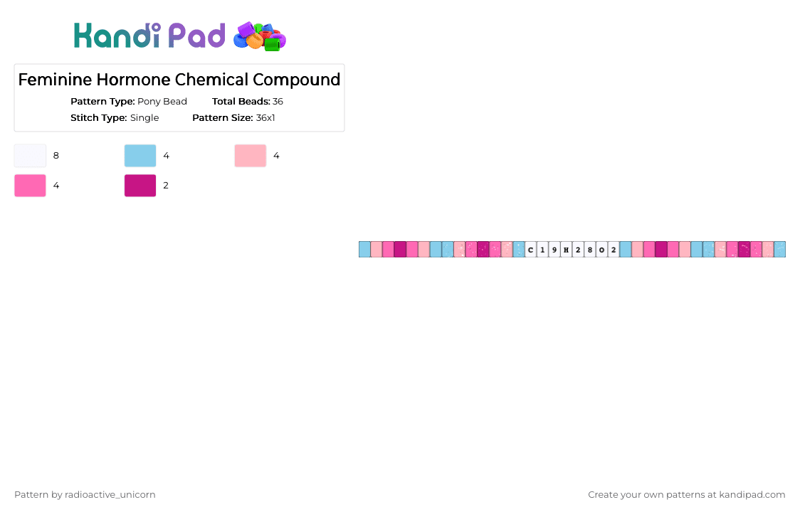 Feminine Hormone Chemical Compound - Pony Bead Pattern by radioactive_unicorn on Kandi Pad - chemistry, lgbt, light blue, mtf, pink, single bracelet, trans pride, transfeminine