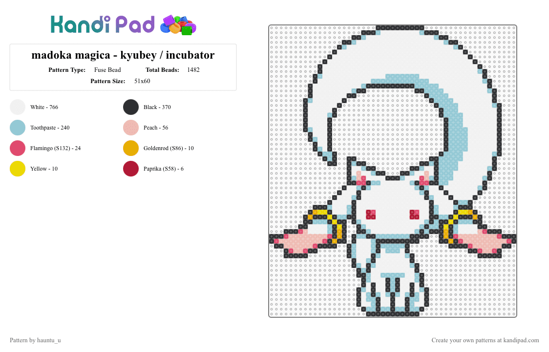 madoka magica - kyubey / incubator - Fuse Bead Pattern by hauntu_u on Kandi Pad - cat, kyubey, light blue, madoka magica, magical girl, puella magi madoka magica, white