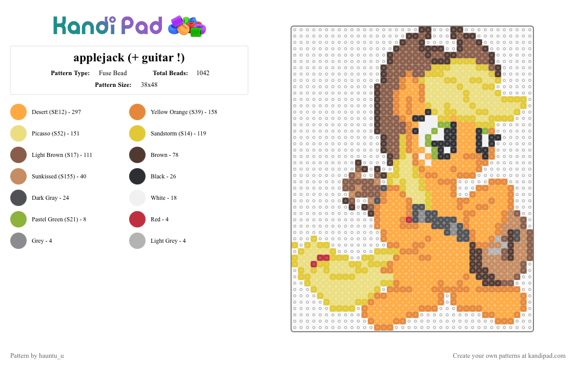 applejack (+ guitar !) - Fuse Bead Pattern by hauntu_u on Kandi Pad - tan,orange,yellow,mlp,my little pony,mane six,applejack