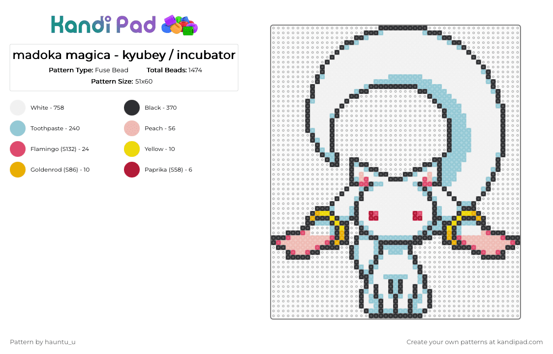 madoka magica - kyubey / incubator - Fuse Bead Pattern by hauntu_u on Kandi Pad - white,light blue,madoka magica,puella magi madoka magica,kyubey,cat,magical girl