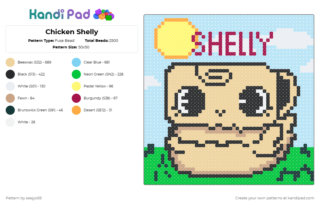 Chicken Shelly - Fuse Bead Pattern by saejyo55 on Kandi Pad - beige,light blue,shelly chicken,dandys world,shelly,cute,chicken,toons