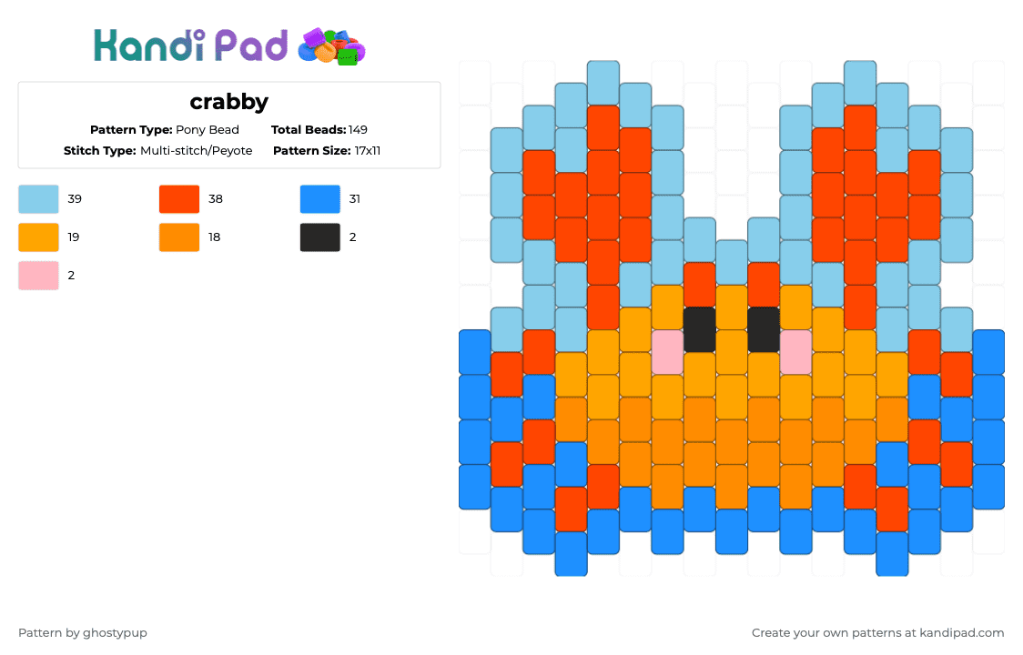 crabby - Pony Bead Pattern by ghostypup on Kandi Pad - crab,charm,animal,ocean,light blue,red,orange