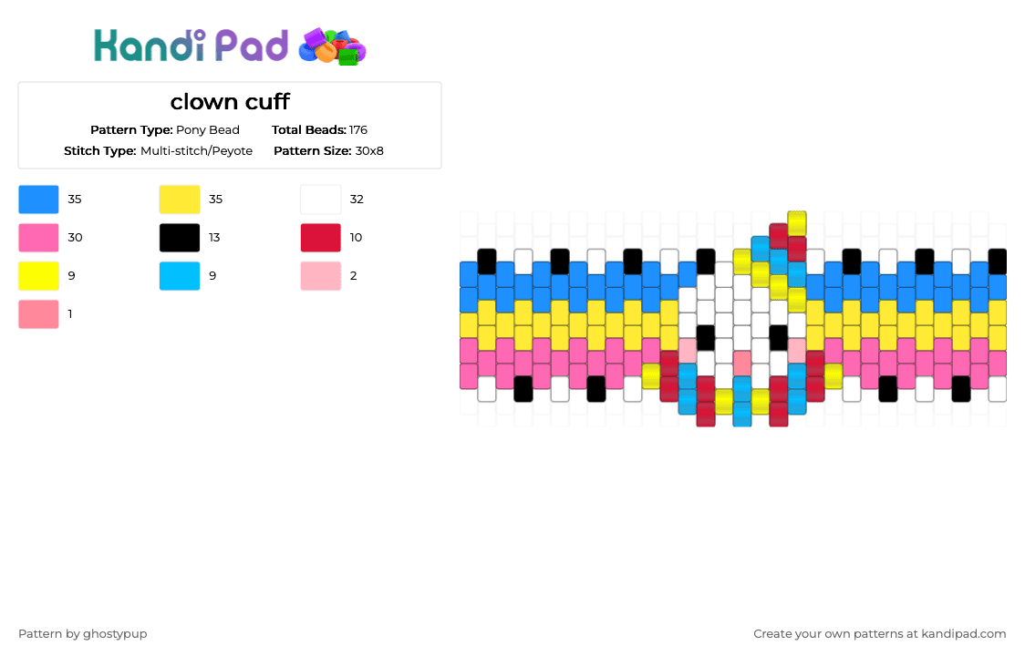 clown cuff - Pony Bead Pattern by ghostypup on Kandi Pad - yellow,light blue,pink
