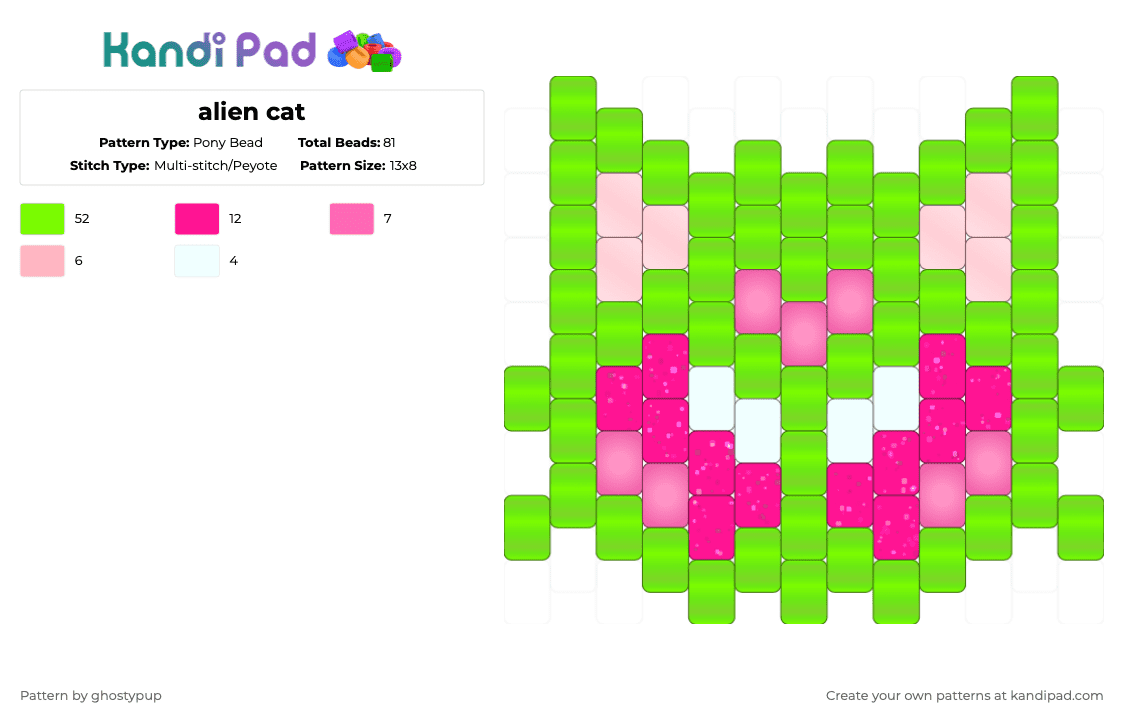 alien cat - Pony Bead Pattern by ghostypup on Kandi Pad - green,pink