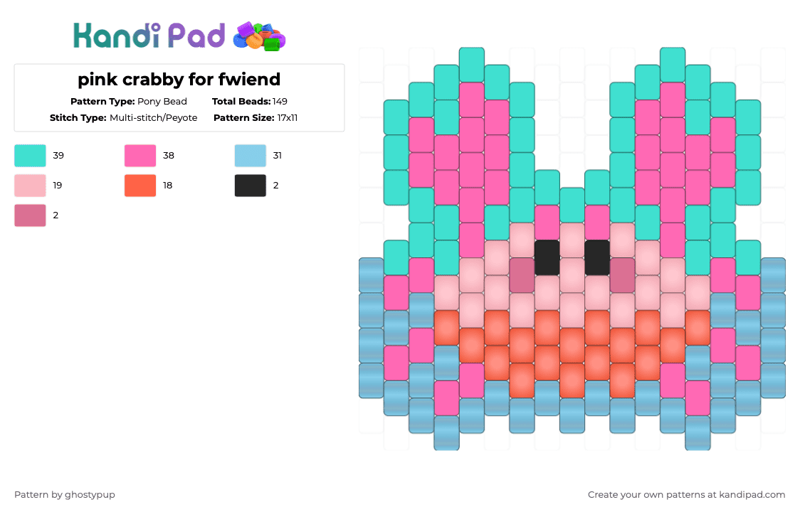 pink crabby for fwiend - Pony Bead Pattern by ghostypup on Kandi Pad - crab,charm,crustacean,animal,light blue,pink