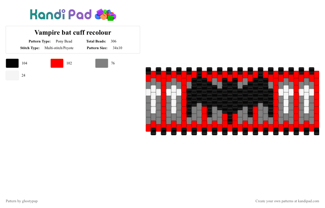 Vampire bat cuff recolour - Pony Bead Pattern by ghostypup on Kandi Pad - red,gray