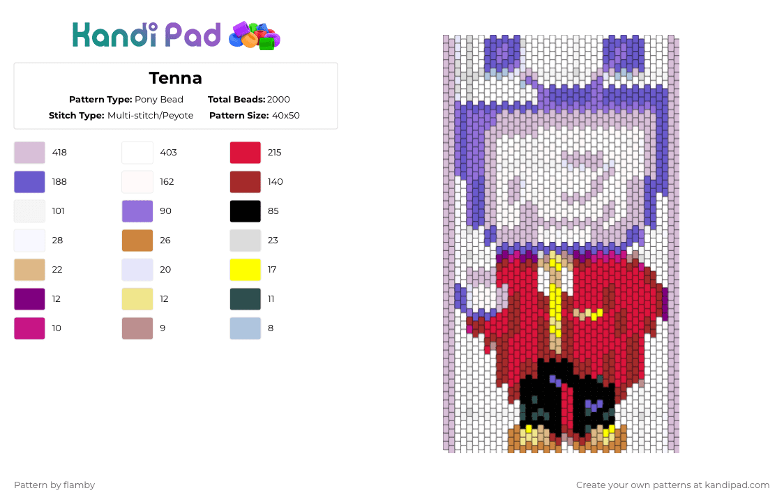 Tenna - Pony Bead Pattern by flamby on Kandi Pad - white,pink,blue,red