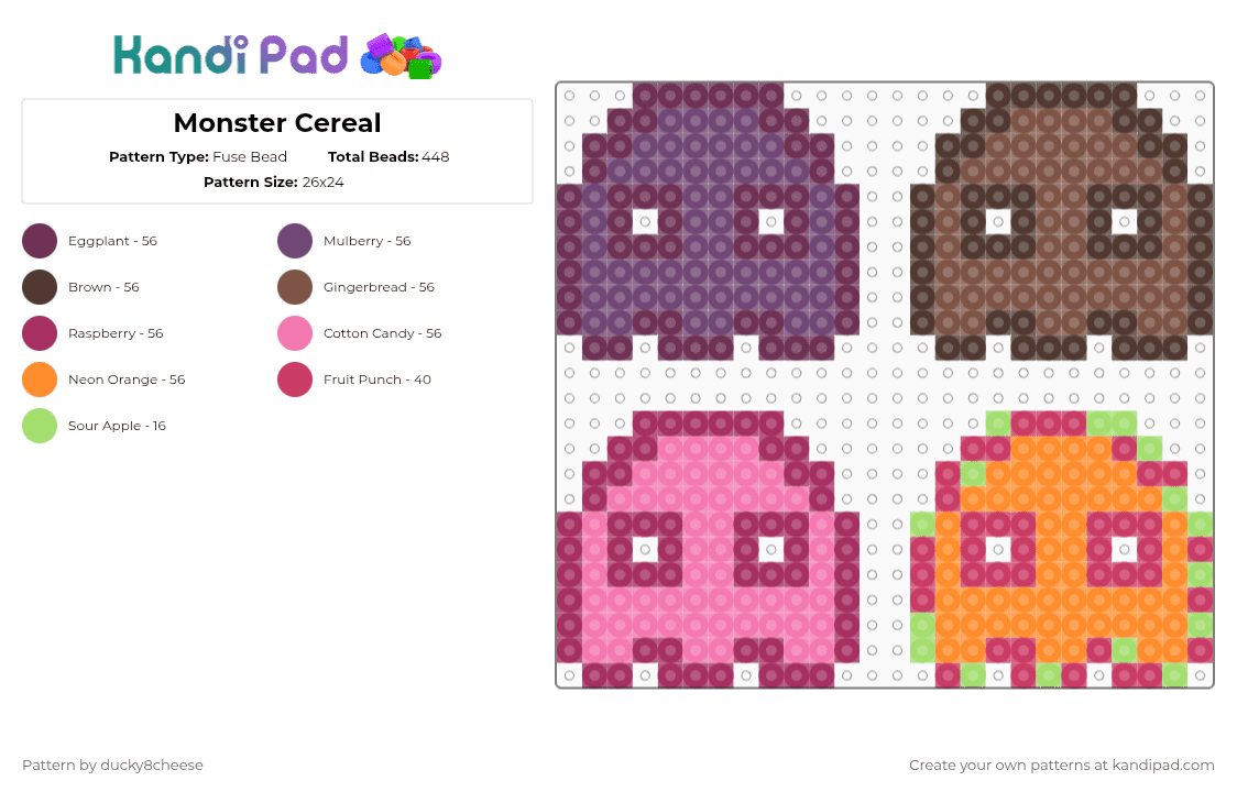 Monster Cereal - Fuse Bead Pattern by ducky8cheese on Kandi Pad - pink,cotdpast,booberry,count chocula,frankenberry,frute brute