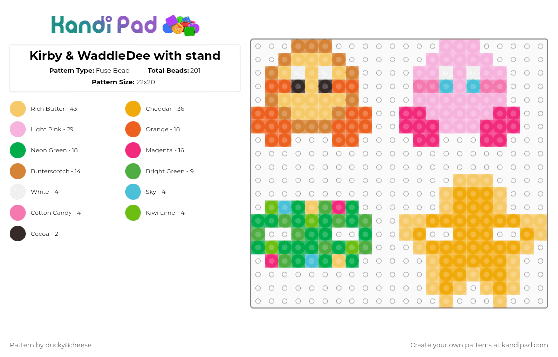 Kirby & WaddleDee with stand - Fuse Bead Pattern by ducky8cheese on Kandi Pad - orange,yellow,pink,green,kirby,waddledee