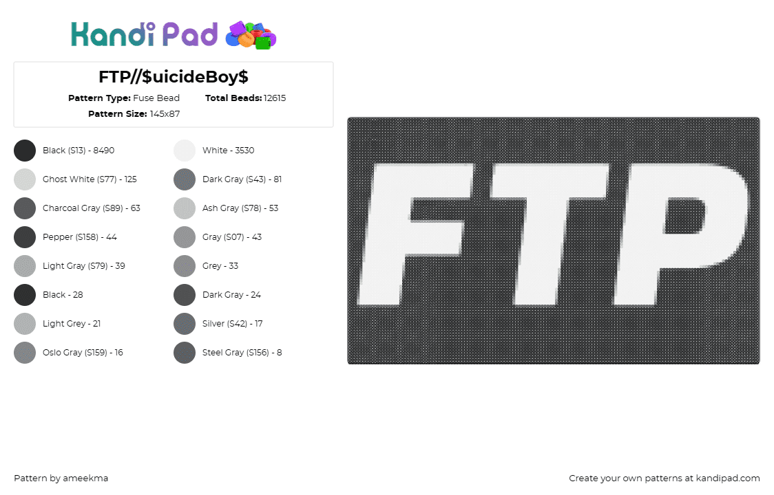 FTP//$uicideBoy$ - Fuse Bead Pattern by ameekma on Kandi Pad - ftp,suicideboys,music,minimalist,bold,lettering,connection,edgy,defiant