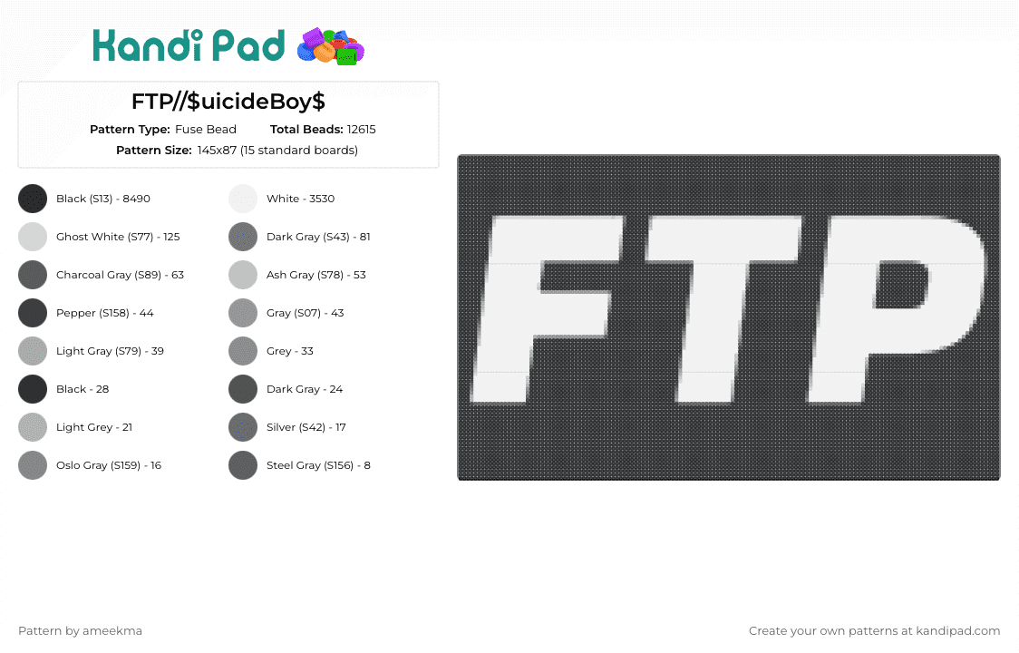 FTP//$uicideBoy$ - Fuse Bead Pattern by ameekma on Kandi Pad - ftp,suicideboys,music,minimalist,bold,lettering,connection,edgy,defiant