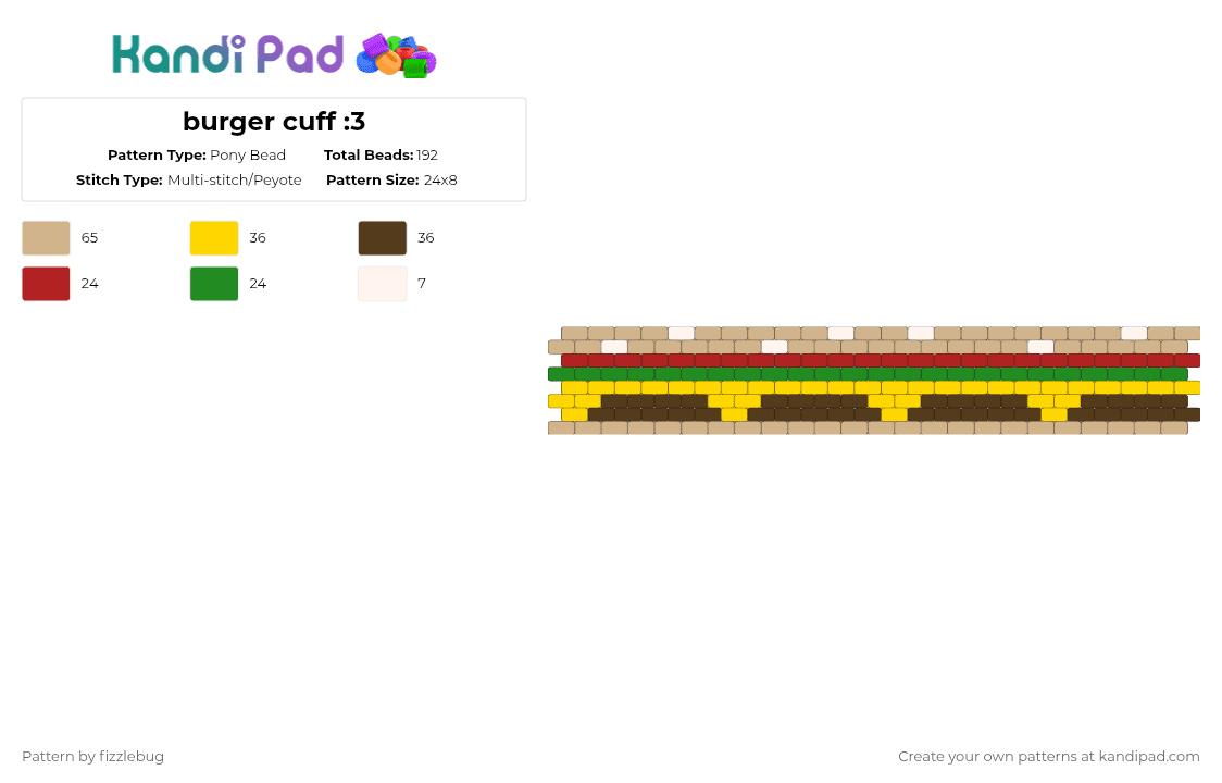 burger cuff :3 - Pony Bead Pattern by fizzlebug on Kandi Pad - beige,yellow,brown,food,burger,peyote