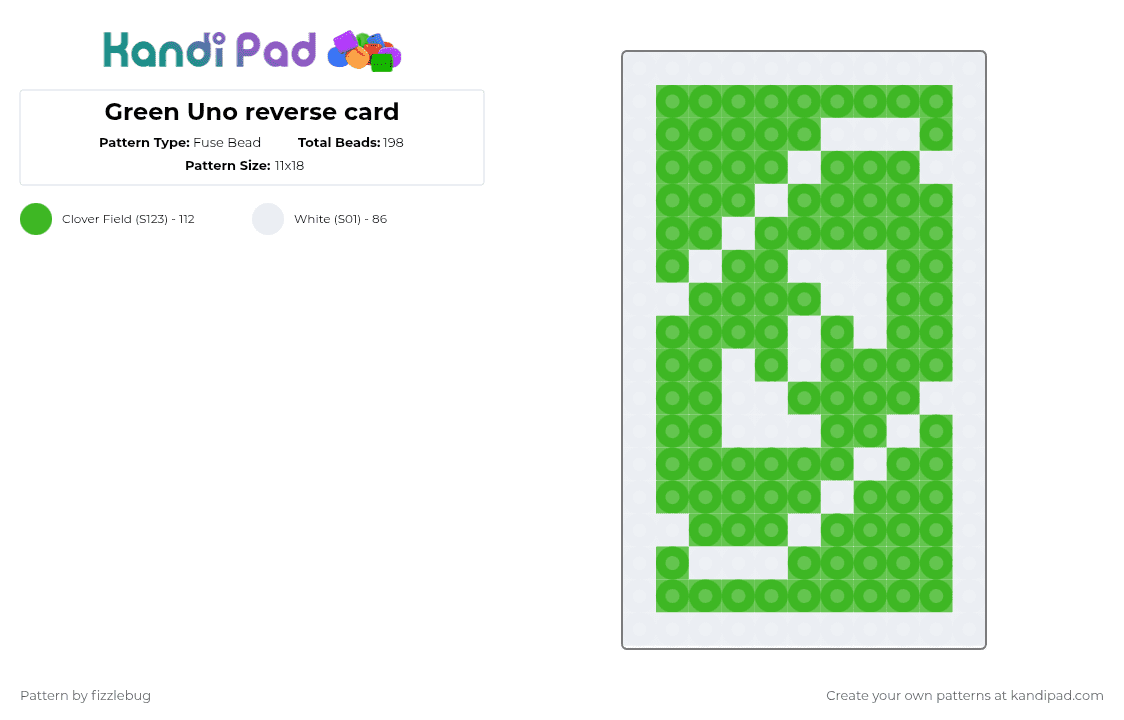 Green Uno reverse card - Fuse Bead Pattern by fizzlebug on Kandi Pad - white,green