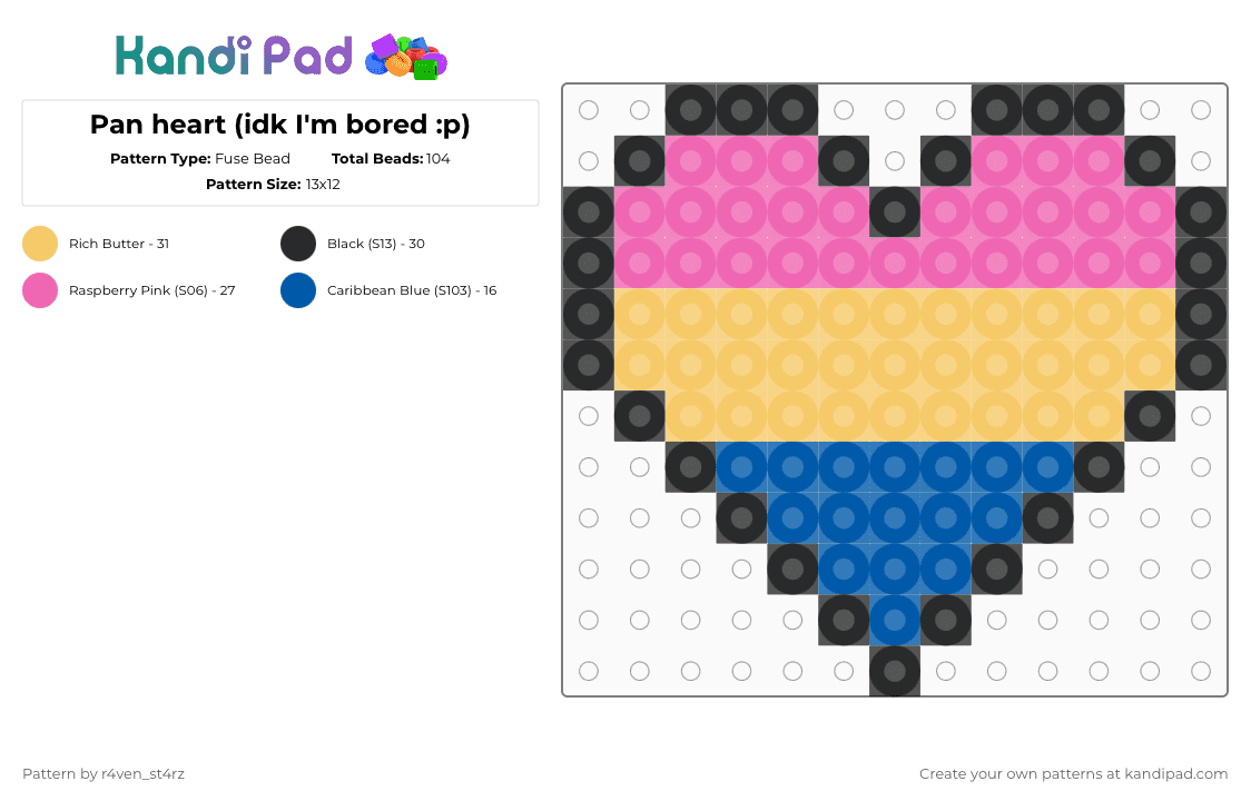Pan heart (idk I\'m bored :p) - Fuse Bead Pattern by m00n_r4v3n on Kandi Pad - pink,yellow,pan heart,pansexual,pride,lgbtq,pan