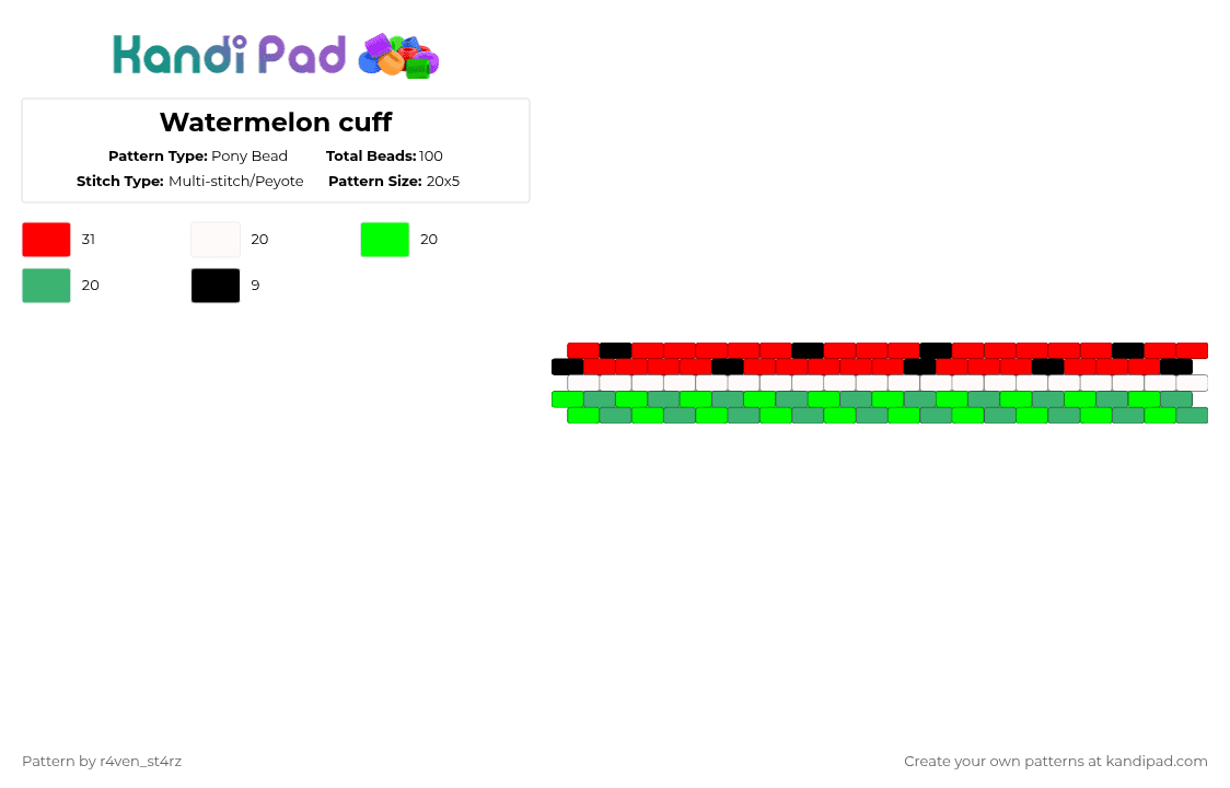 Watermelon cuff - Pony Bead Pattern by m00n_r4v3n on Kandi Pad - red,green,watermelon cuff,watermelon,cuff,fruit