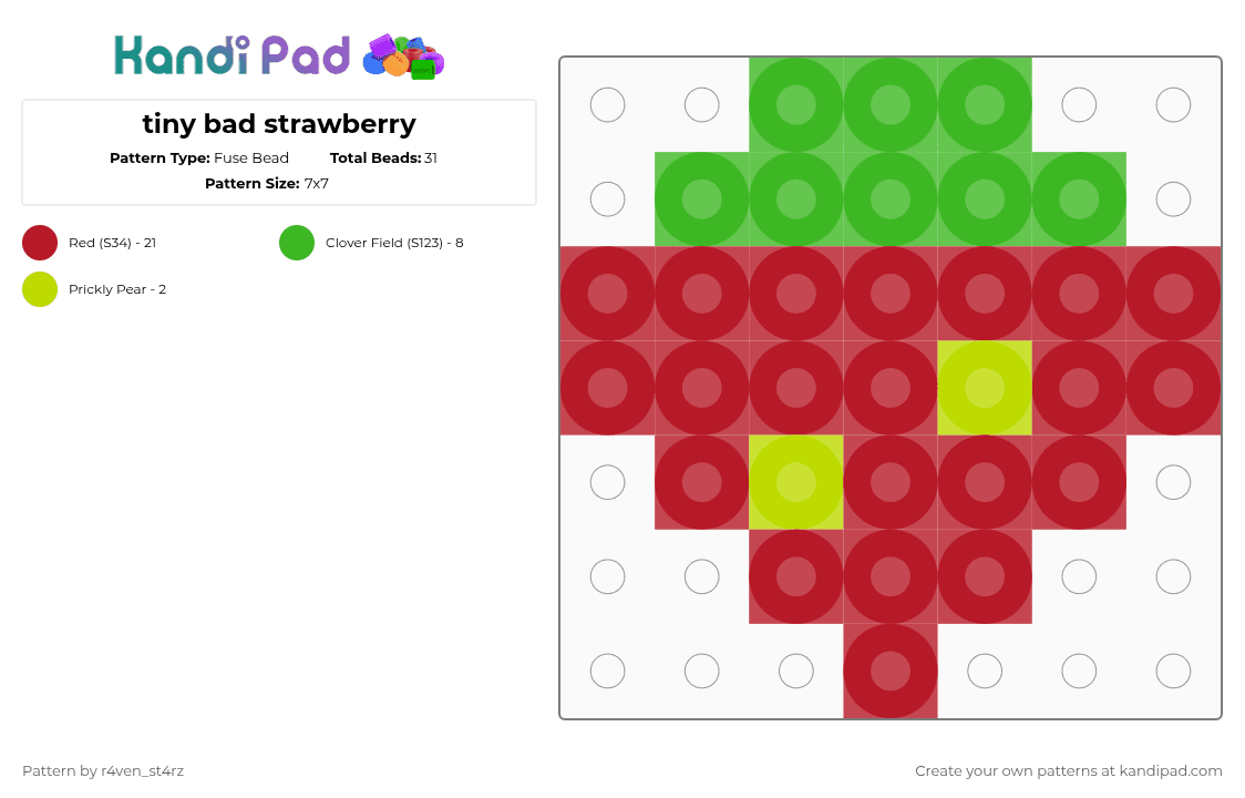 tiny bad strawberry - Fuse Bead Pattern by deleted_user_346322 on Kandi Pad - green, red, strawberry