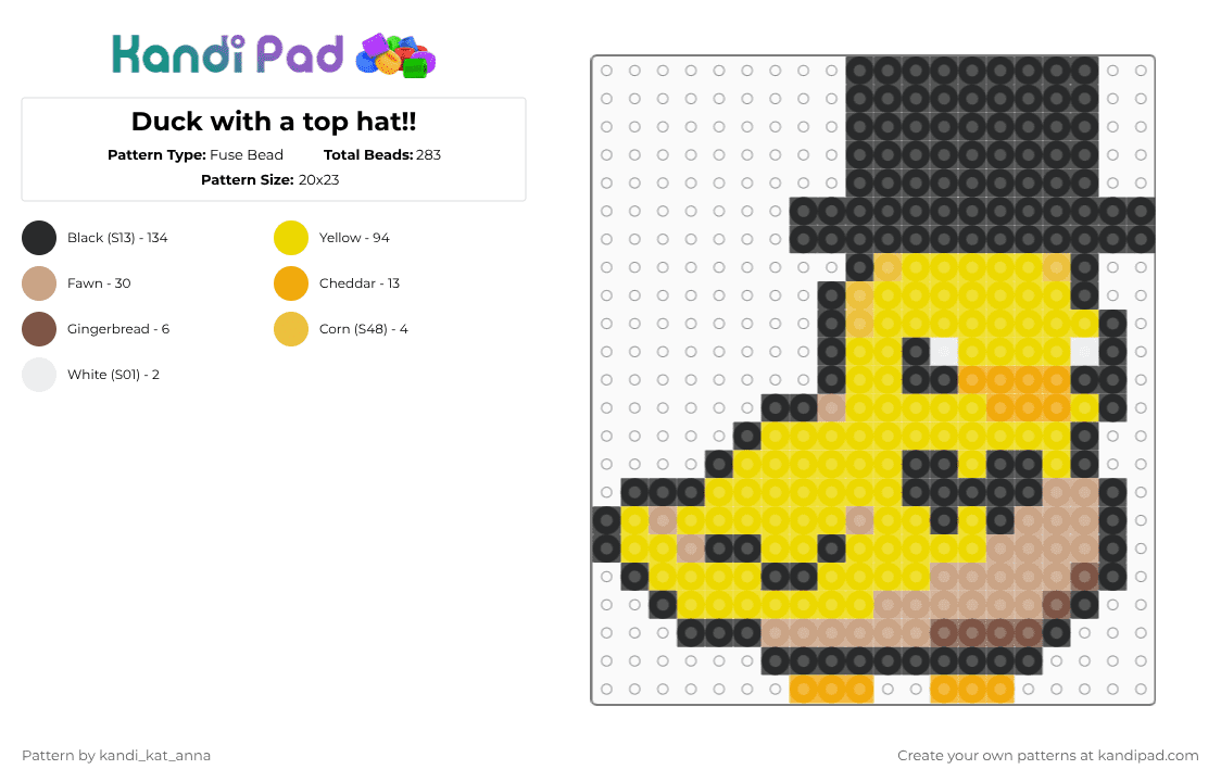 Duck with a top hat!! - Fuse Bead Pattern by m00n_r4v3n on Kandi Pad - black,yellow,duck,top hat,kandi,animal,duck top hat,duck with top hat,sili,silly