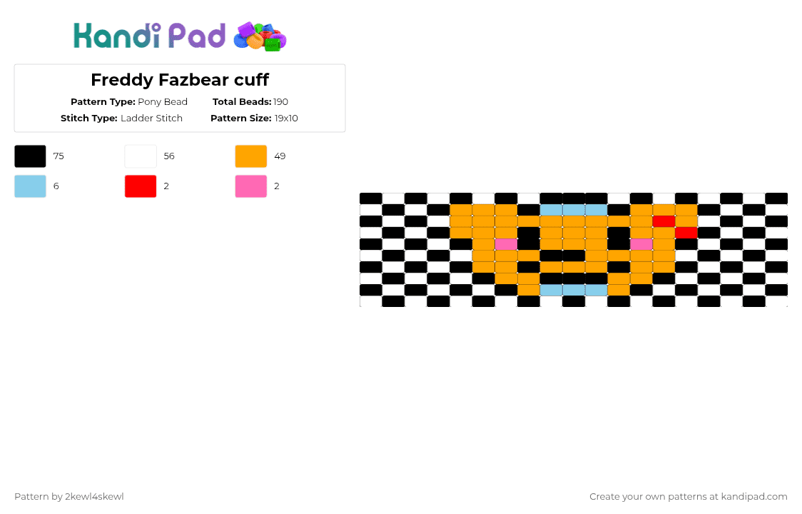 Glamrock Freddy cuff - Pony Bead Pattern by 2kewl4skewl on Kandi Pad - white,orange