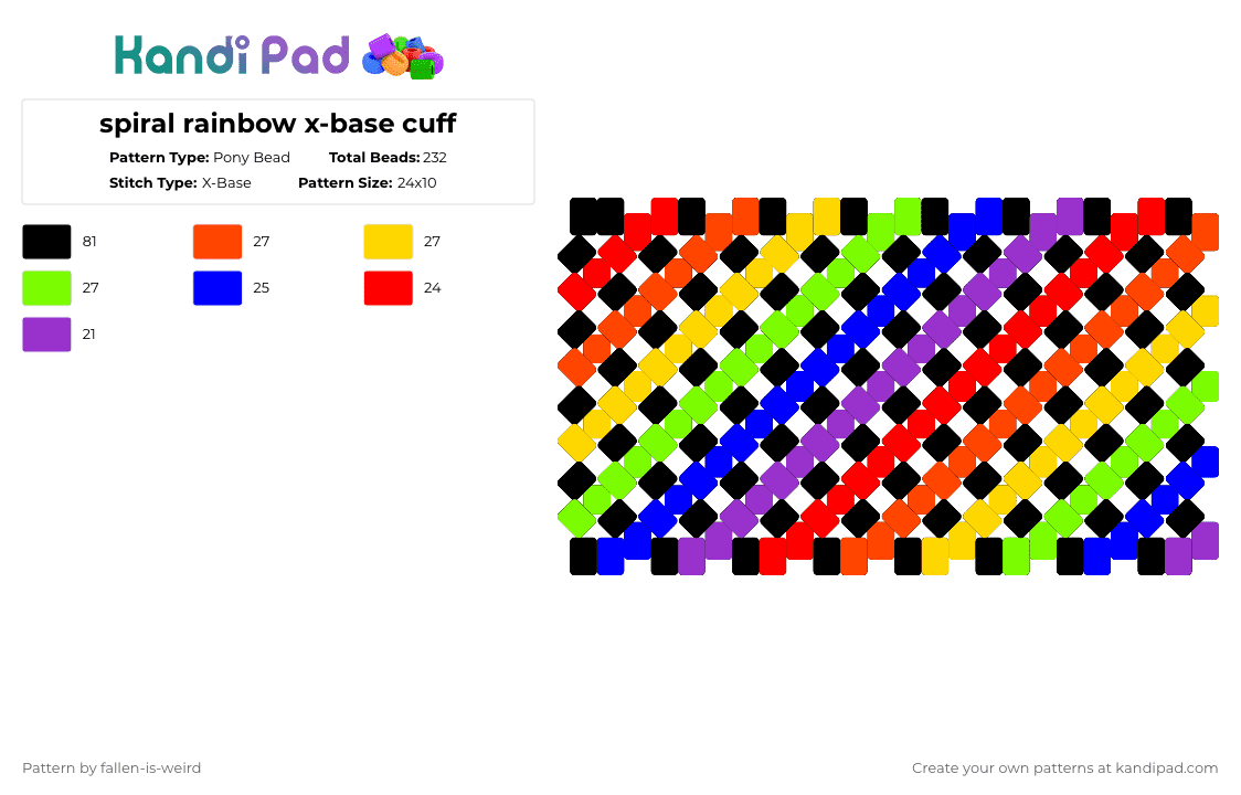 spiral rainbow x-base cuff - Pony Bead Pattern by fallen-is-weird on Kandi Pad - red,purple,xbase,rainbow,lgbt,lgbtq,spiral