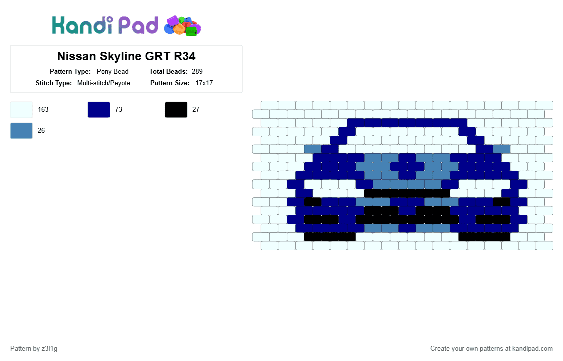 Nissan Skyline GRT R34 - Pony Bead Pattern by z3l1g on Kandi Pad - white,purple,blue,car,nissan,skyline,gtr,vroom,sportscar,silly,kewl