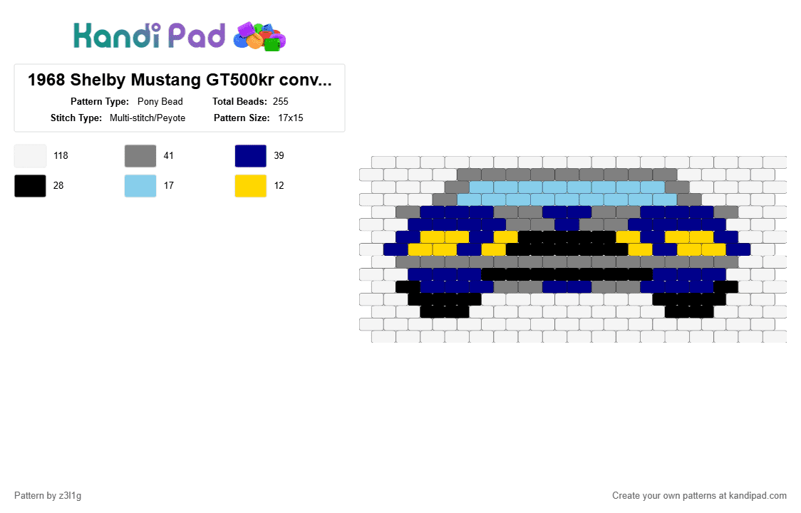 1968 Shelby Mustang GT500kr convertible - Pony Bead Pattern by z3l1g on Kandi Pad - white,gray,purple,car,mustang,blue,gt500kr,silly,cute,intermediate,shelby mustang