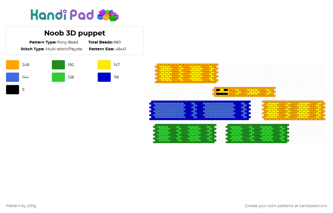 Noob 3D puppet - Pony Bead Pattern by z3l1g on Kandi Pad - orange,green,noob,puppet,3d,roblox,doll,avatar,popular,cool