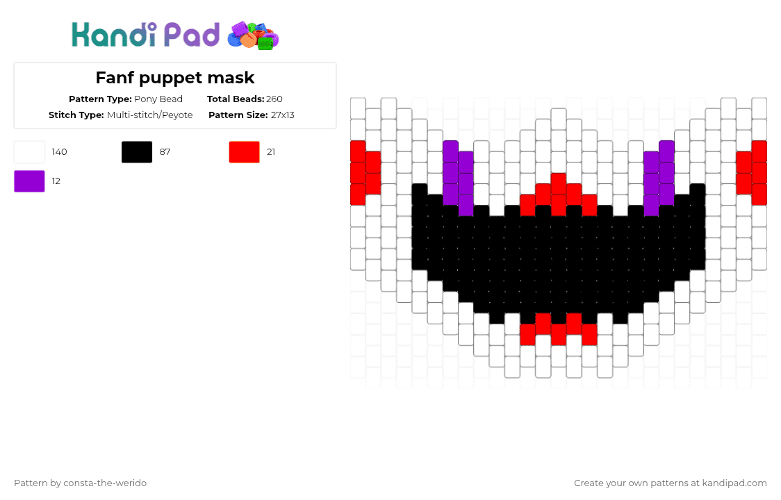 Fanf puppet mask - Pony Bead Pattern by consta-the-werido on Kandi Pad - white,red,purple,pupe