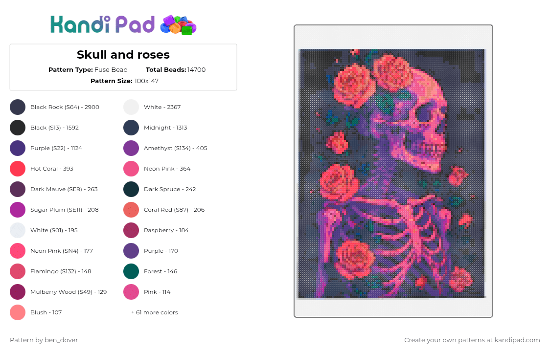 Skull and roses - Fuse Bead Pattern by ben_dover on Kandi Pad - purple,red,pink
