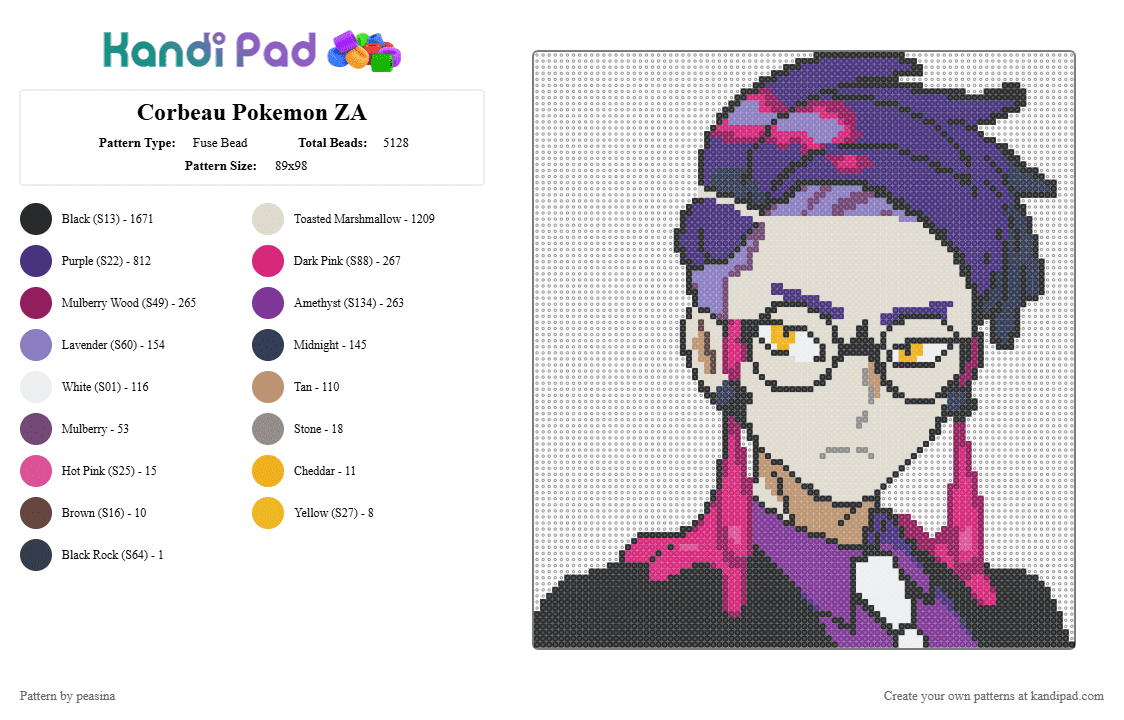 Corbeau Pokemon ZA - Fuse Bead Pattern by peasina on Kandi Pad - purple,pink,beige,pokemon,corbeau,legends za