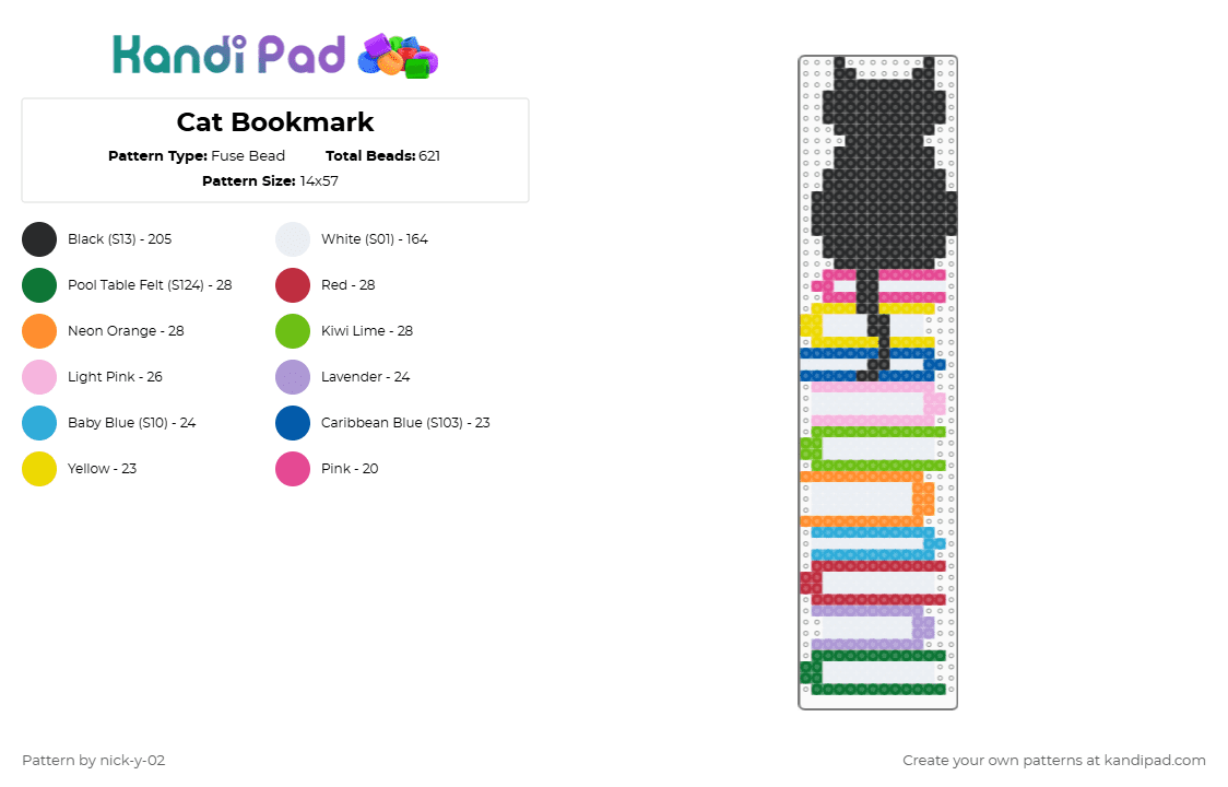 Cat Bookmark - Fuse Bead Pattern by nick-y-02 on Kandi Pad - white,green,pink
