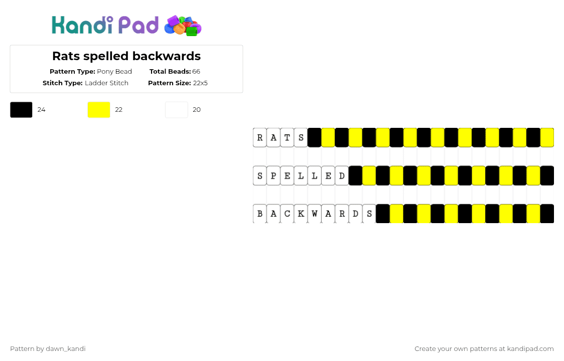 Rats spelled backwards - Pony Bead Pattern by dawn_kandi on Kandi Pad - white,yellow,single
