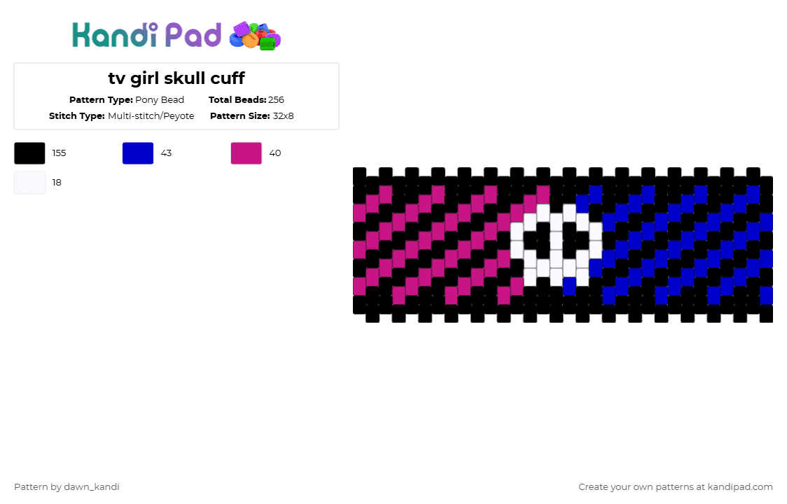tv girl skull cuff - Pony Bead Pattern by dawn_kandi on Kandi Pad - black,pink,purple,tv girl,skull
