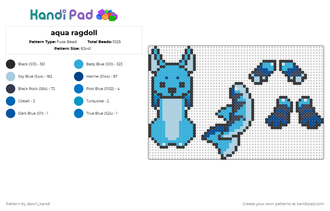 aqua ragdoll - Fuse Bead Pattern by dawn_kandi on Kandi Pad - light blue,furry,fursona,aqua