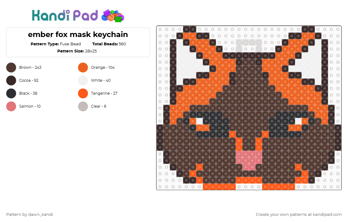 ember fox mask keychain - Fuse Bead Pattern by dawn_kandi on Kandi Pad - brown,orange,therian,therianmask,therian mask,fox,fox mask,therian fox mask,therian fox