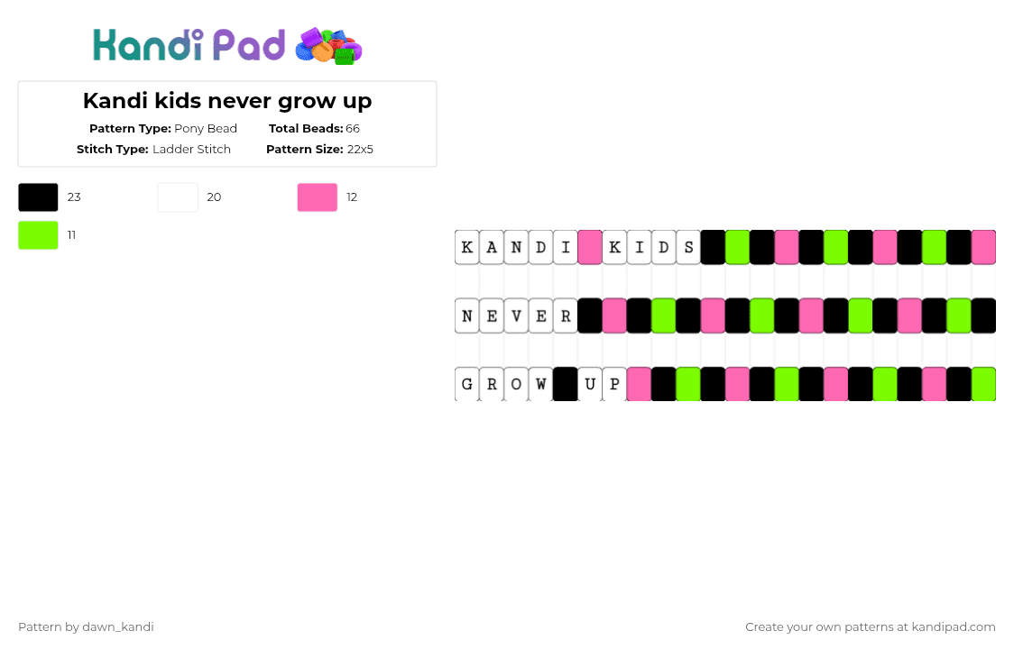 Kandi kids never grow up - Pony Bead Pattern by dawn_kandi on Kandi Pad - pink,green