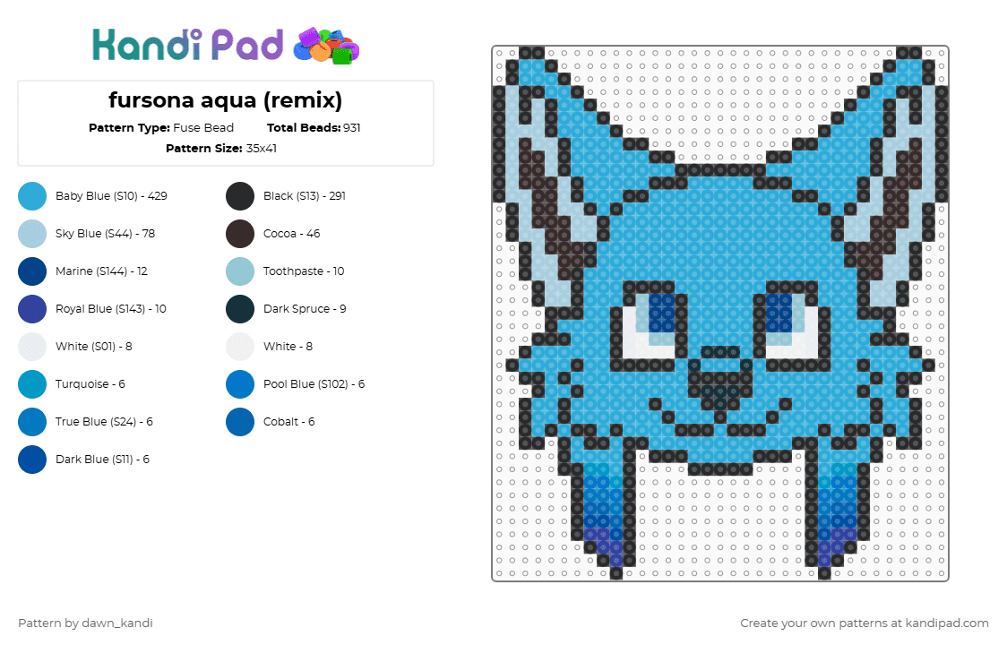 fursona aqua (remix) - Fuse Bead Pattern by dawn_kandi on Kandi Pad - light blue,furry,aqua,fursona