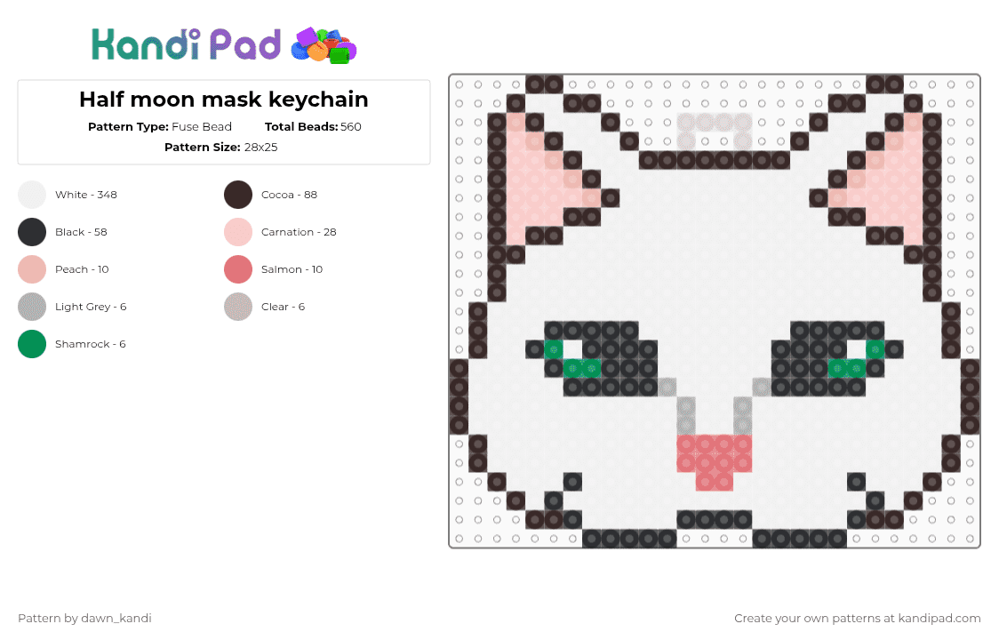 Half moon mask keychain - Fuse Bead Pattern by dawn_kandi on Kandi Pad - white,brown,beige,cat mask,therianmask,cat,warrior cats,half moon