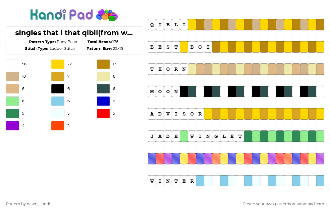 singles that i think qibli(from wof) would wear - Pony Bead Pattern by dawn_kandi on Kandi Pad - beige, colorful, white, yellow