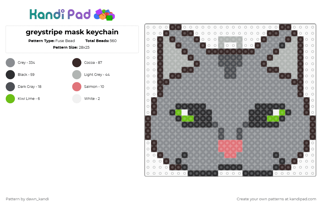 greystripe mask keychain - Fuse Bead Pattern by dawn_kandi on Kandi Pad - gray,therian,therianmask,therian mask,therian cat,cat,cat mask,warrior cats