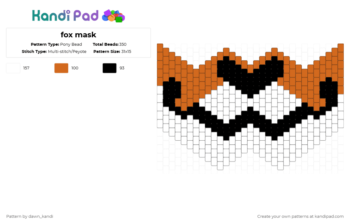 fox mask - Pony Bead Pattern by dawn_kandi on Kandi Pad - orange,white,furry,therian,fox,mask,fox mask