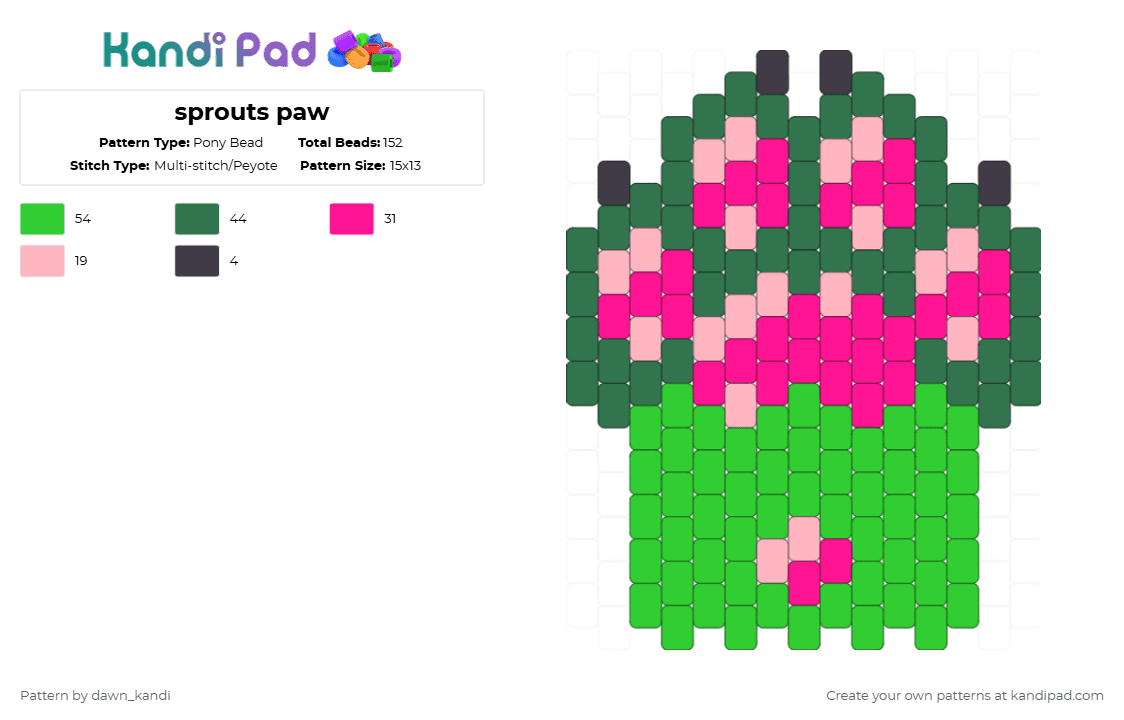 sprouts paw - Pony Bead Pattern by dawn_kandi on Kandi Pad - green,pink,paw,furry,sprout,fursona