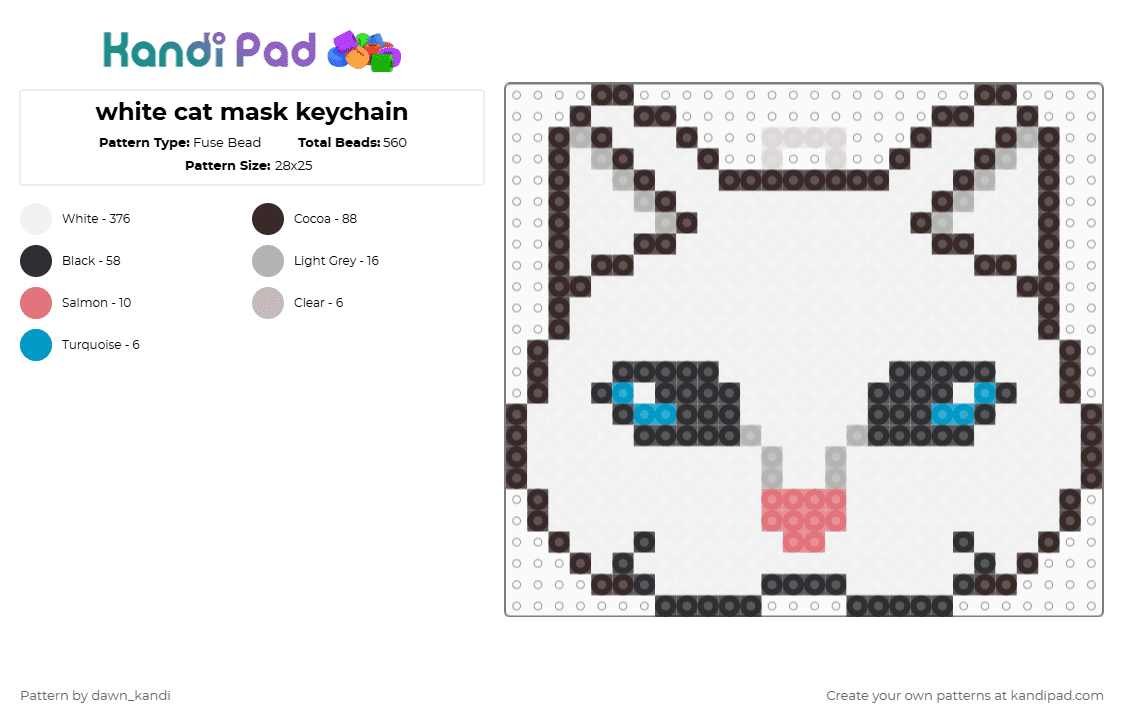white cat mask keychain - Fuse Bead Pattern by dawn_kandi on Kandi Pad - white,brown,therian,therianmask,therian mask,therian cat,cat,cat mask