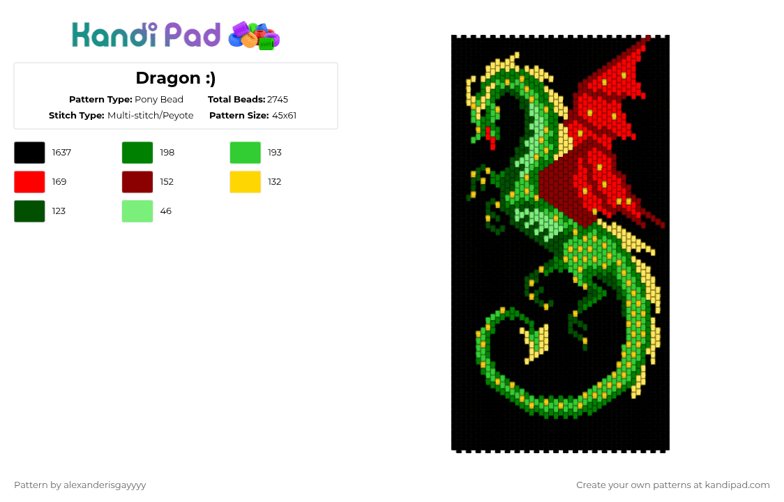 Dragon :) - Pony Bead Pattern by wrenthequeer on Kandi Pad - black,red,green