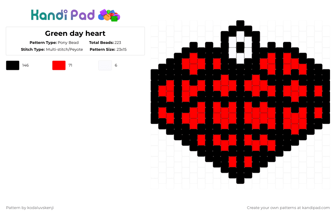 Green day heart - Pony Bead Pattern by kodaluvskenji on Kandi Pad - green day,heart,grenade,band,punk,music,american idiot,black,red