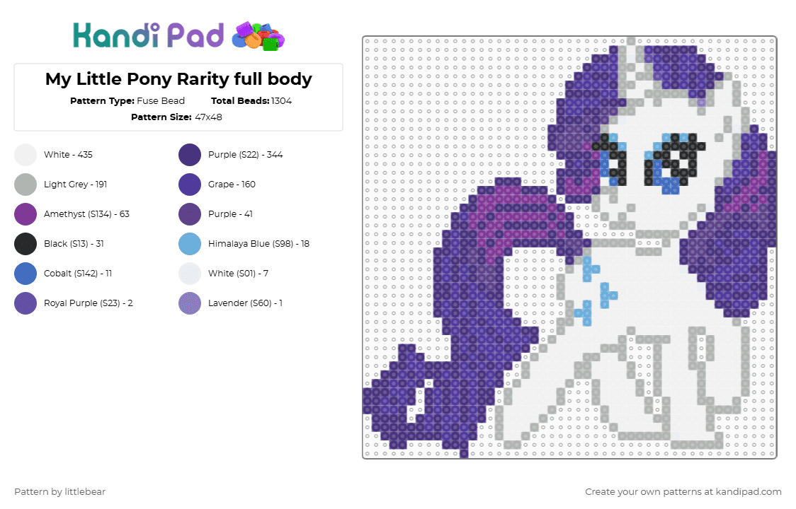 My Little Pony Rarity full body - Fuse Bead Pattern by littlebear on Kandi Pad - purple,beige,mlp,fim,mlp fim,cartoons,tv shows,my little pony,friendship is magic