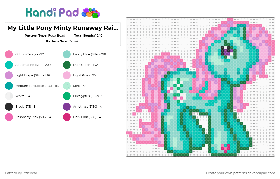 My Little Pony Minty Runaway Rainbow Game Sprite - Fuse Bead Pattern by littlebear on Kandi Pad - pink,teal,mlp,my little pony,mlp g3,my little pony g3,video games